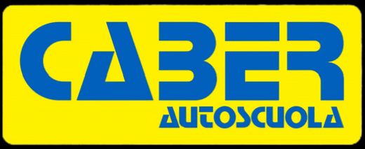 Logo per CABER Autoscuola, testo blu su sfondo giallo.