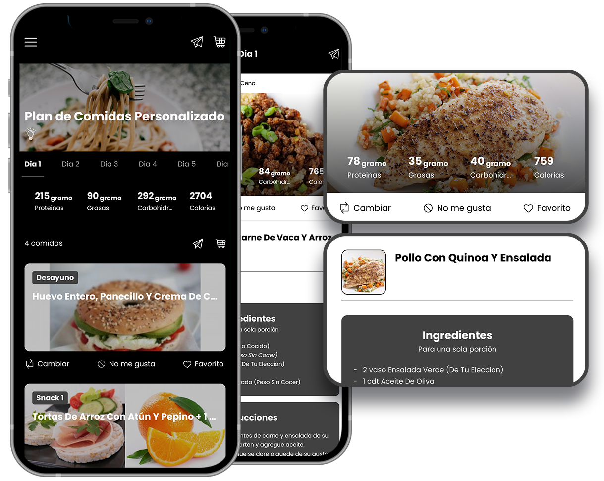 Two phones are displaying different types of food on their screens. TBW FITNESS - THE BASICS WORK - NUTRITION AND MEAL PLANS