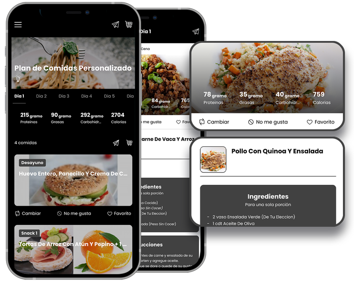 Two phones are displaying different types of food on their screens. TBW FITNESS - THE BASICS WORK - NUTRITION AND MEAL PLANS