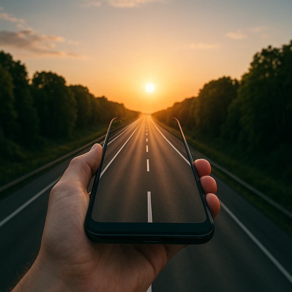 Une main tient un téléphone représentant une route et se confond avec celle du fond d'écran