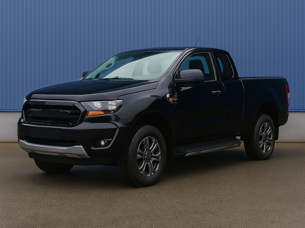 Tracteur Ford ranger noir à l'arrêt devant un mur bleu