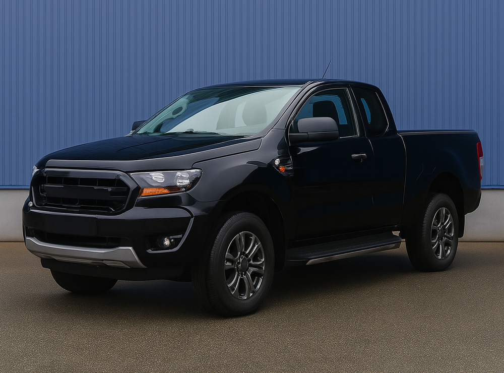 Ford ranger noir garé devant un fond bleu