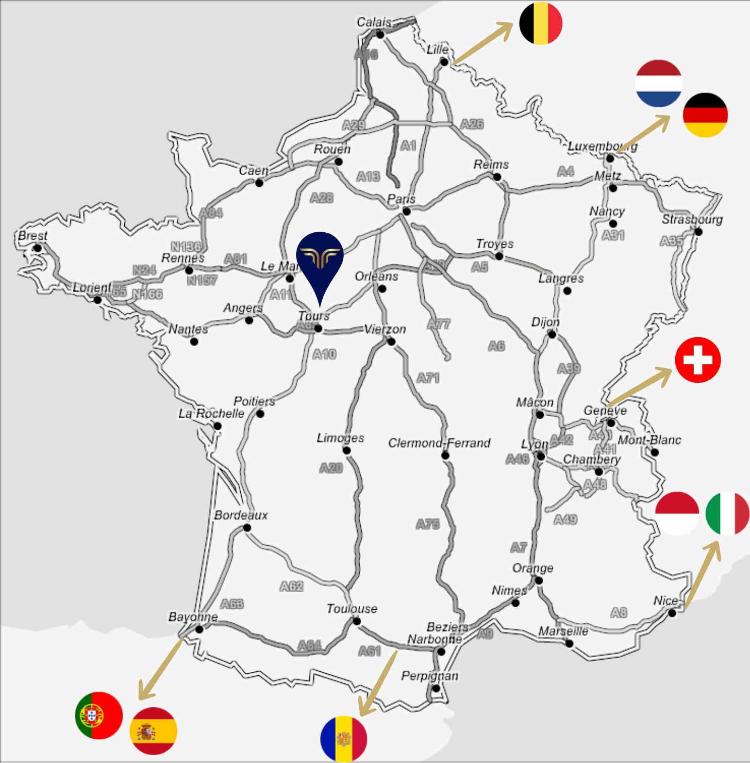Carte de France et ses principaux axes routiers vers les pays frontaliers, montrant le siège de la société Traction à Tours
