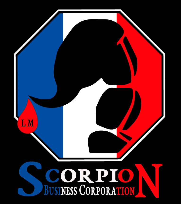 Logo sbc scorpion business corporation, bleu blanc rouge, initiales Loïc MARTY, queue de scorpion avec goutte de sang au bout