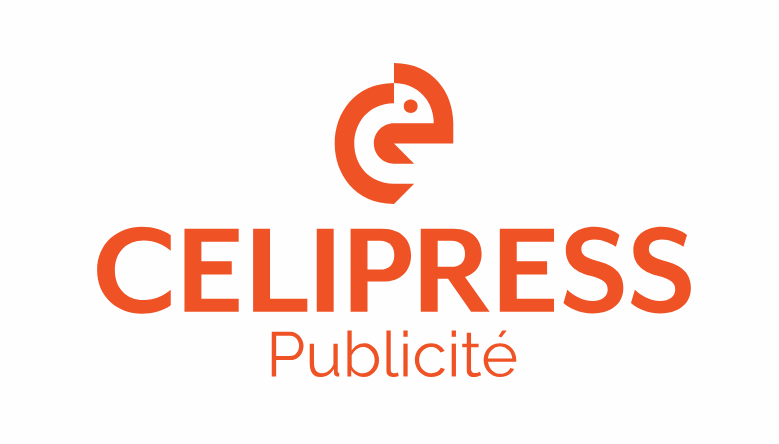 logo celipress publicité écrit en orange sur fond blanc avec comme logo un caméléon