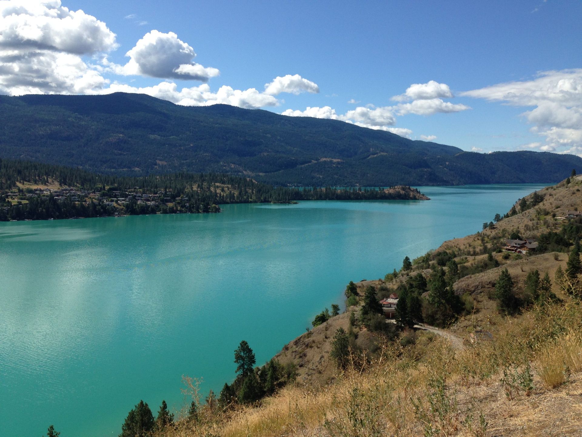 Turquoise lake and forested mountains under a partly cloudy blue sky knwon as Kalamalka Lake, this photo was taken by Luke Davis and is an example of the high quality work he produces.