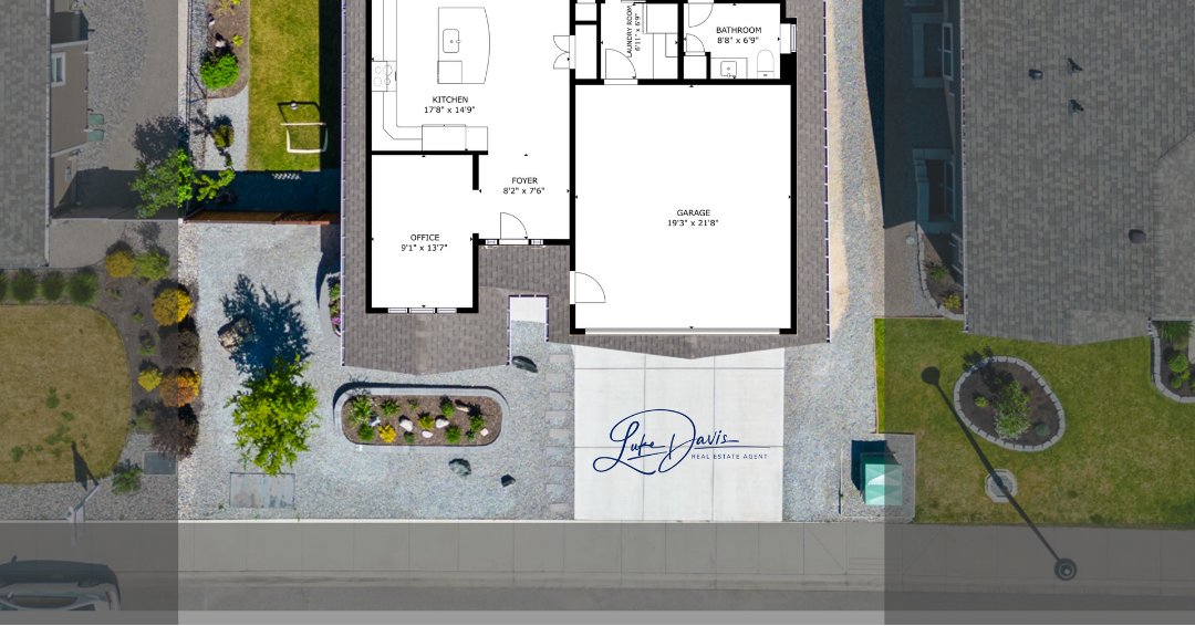 Overhead view of house with floor plan overlay on paved driveway and garden as an example of the quality marketing provided bu Luke Davis in Vernon