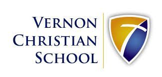 Vernon Christian School logo: Text with a shield emblem of a cross, gold and blue.
