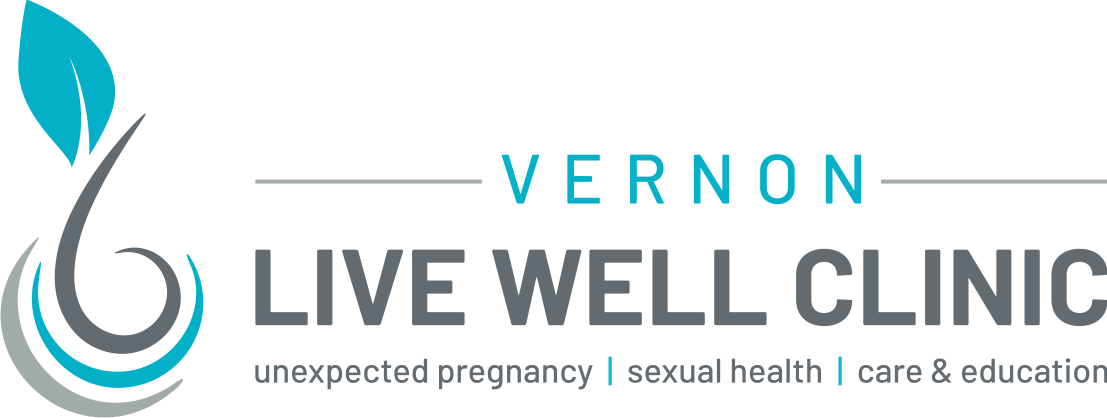 Logo for Vernon Live Well Clinic: Leaf and teardrop design, text "Live Well Clinic" and service descriptions.