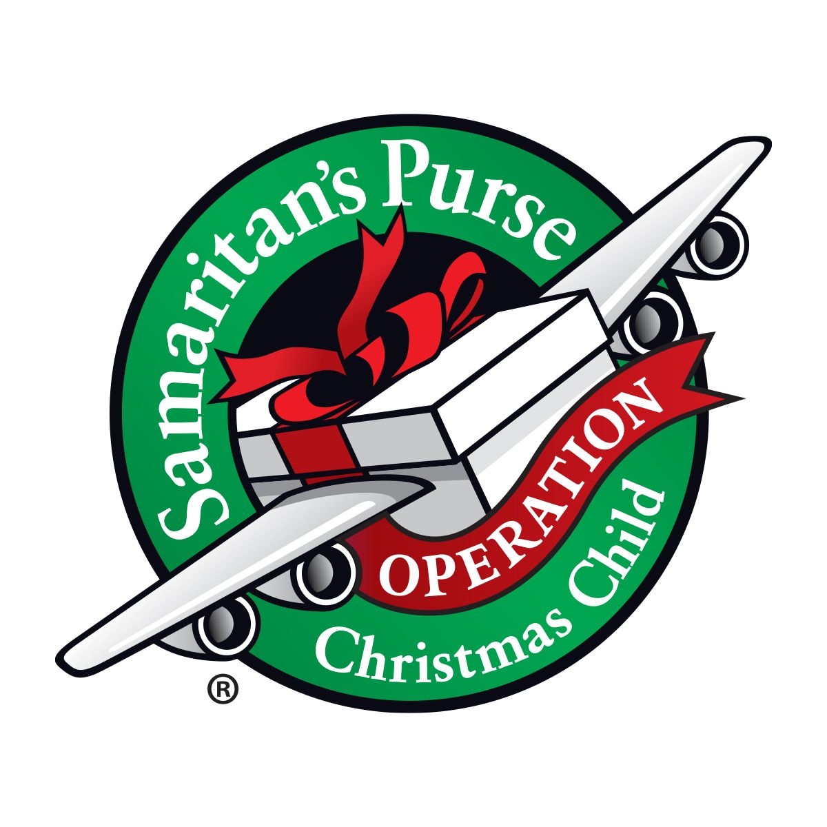 Samaritan's Purse Operation Christmas Child logo: a gift box, wrapped, on an airplane, within a green circle.