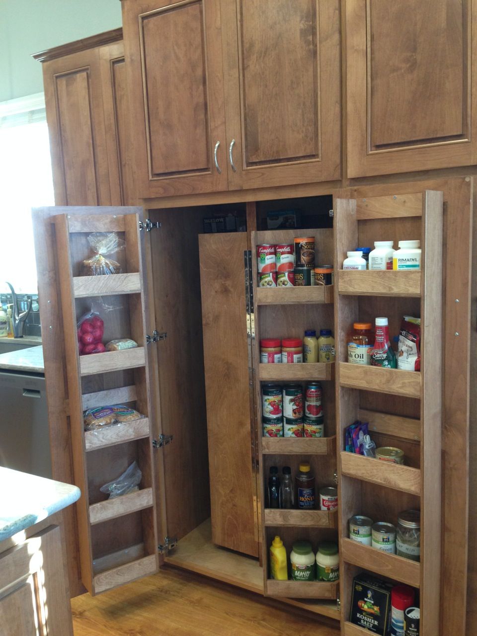 A pantry in a kitchen with the doors open