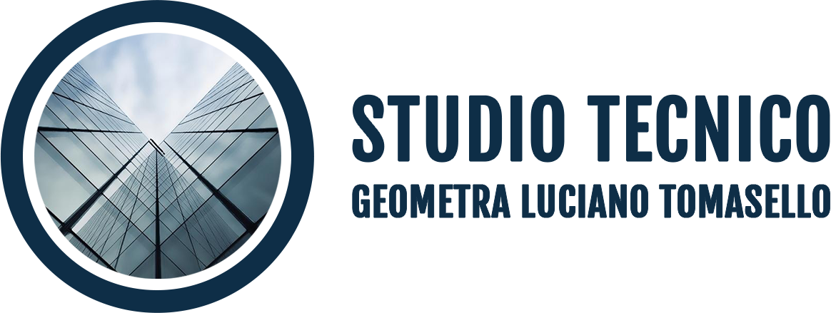 Logo per lo Studio Tecnico Geometra Luciano Tomasello. Immagine di un edificio all'interno di un cerchio blu scuro. Testo blu scuro.
