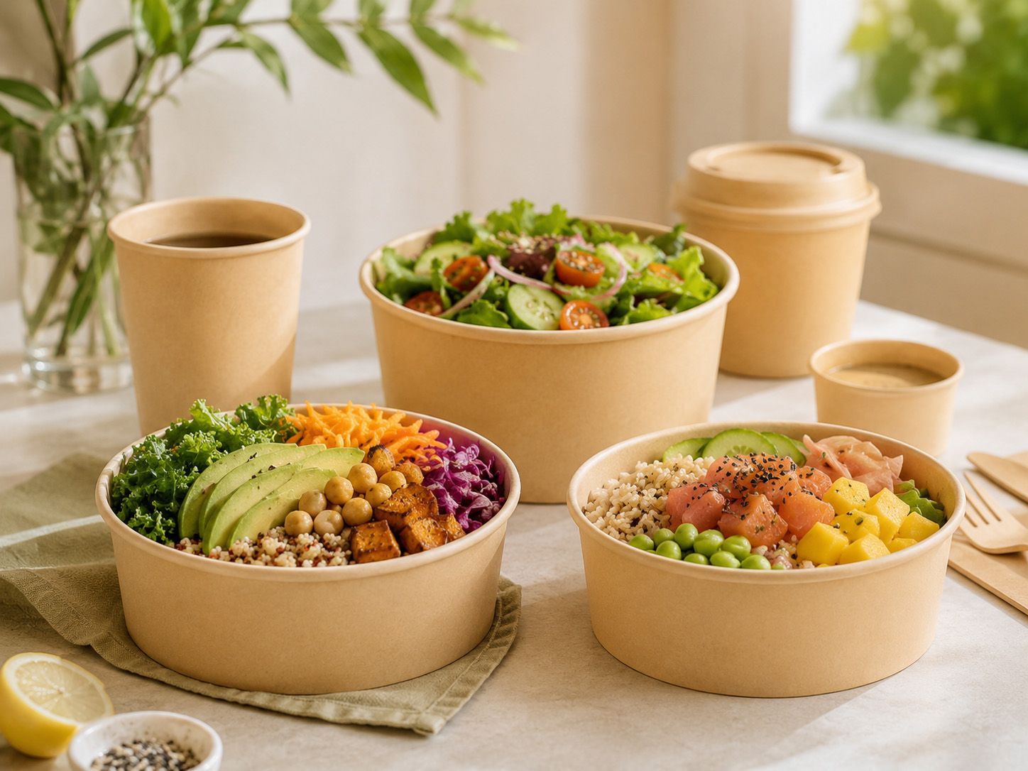 Bamboo paper cups and paper bowls made from bamboo cupstock board