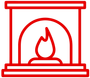 A red line drawing of a fireplace with a flame coming out of it.