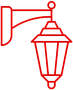 A red line drawing of a lantern hanging on a wall.