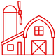 A red line drawing of a barn with a windmill and silo.