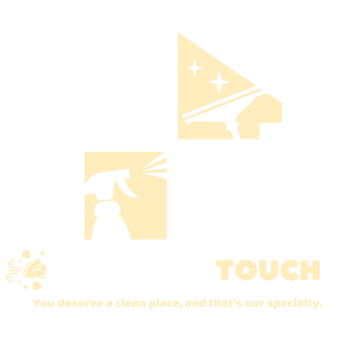 Logo for Arroyo's Touch cleaning service. House-shaped design with cleaning icons, in gold and purple. Text: Arroyo's Touch.