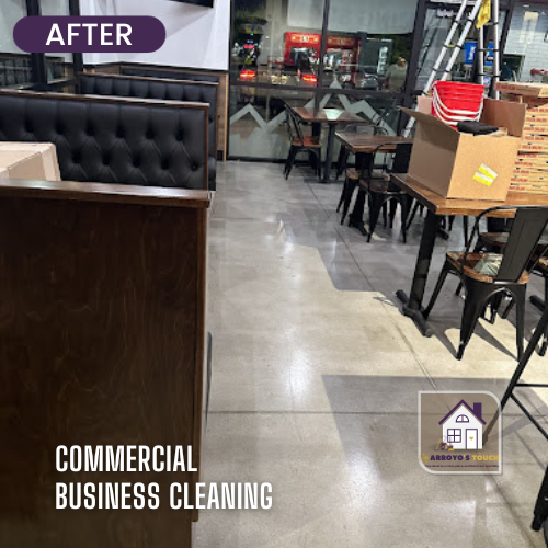 Commercial business cleaning. Interior with booths, tables, and a polished floor.