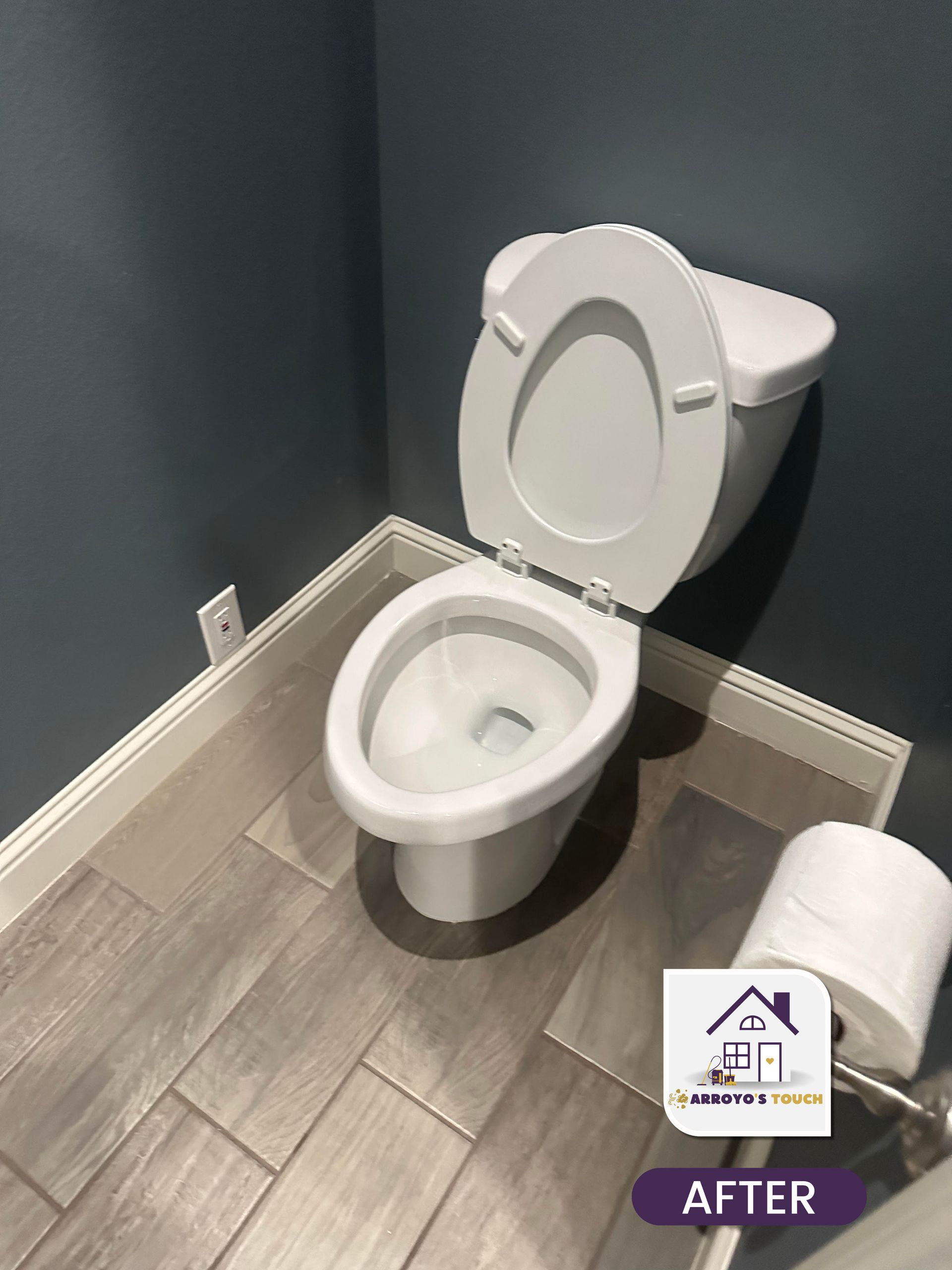 Toilet in a corner of a bathroom with gray wood-look floor tiles and blue walls; toilet seat is open.