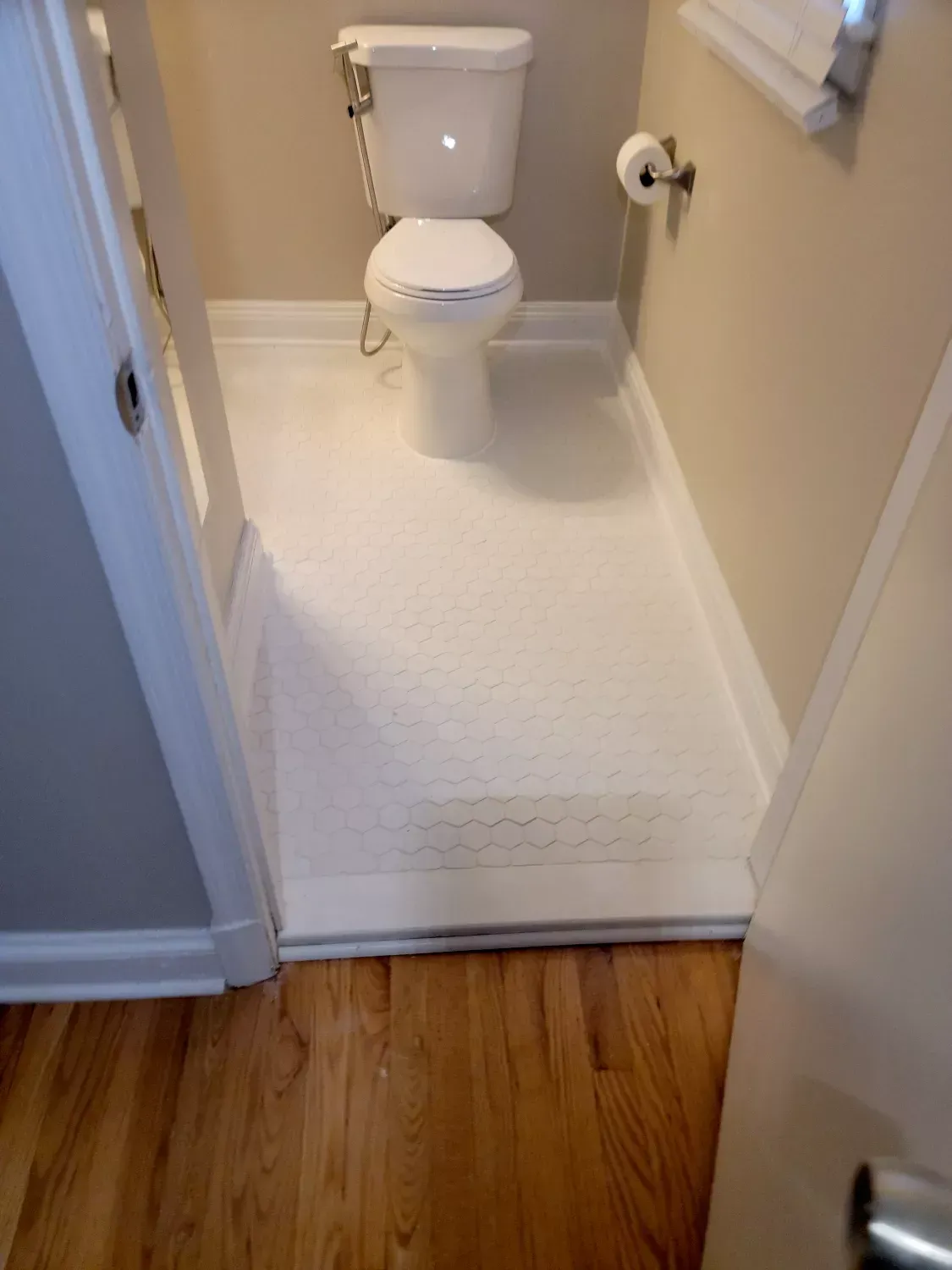 A bathroom with a toilet and a wooden floor.