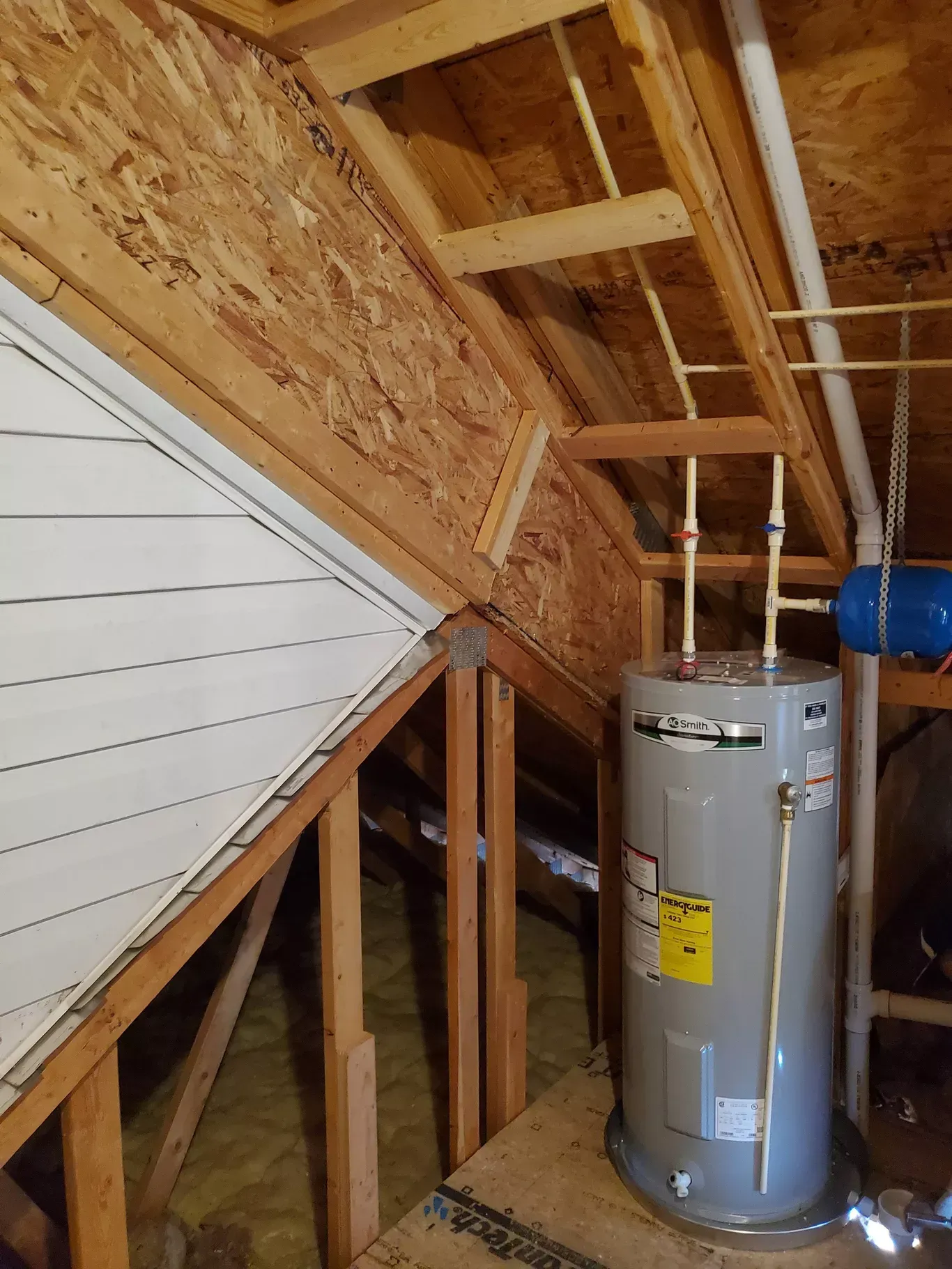 A water heater is sitting in the attic of a house.