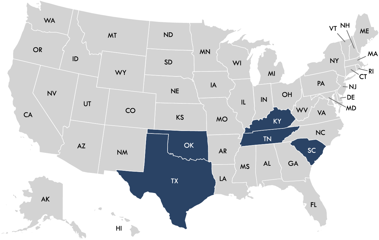 Map of the USA highlighting Texas, Oklahoma, Tennessee, South Carolina, and Georgia in dark blue.
