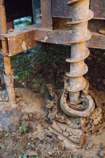 Close-up of water well drilling, groundwater level research.