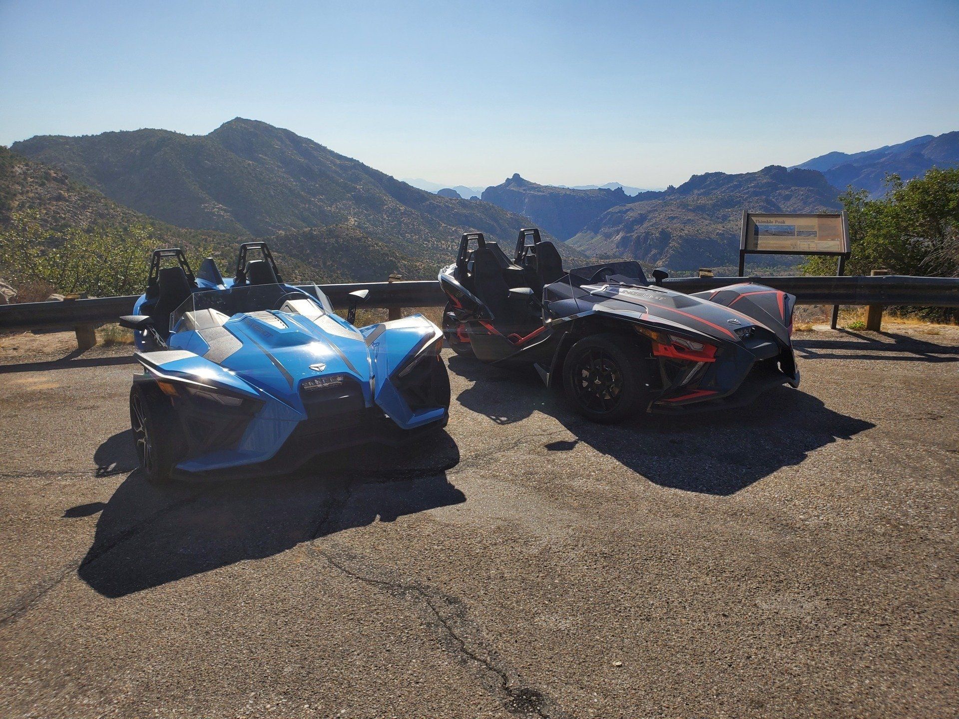 2 Polaris Slingshots parked at scenic view point in Tucson AZ