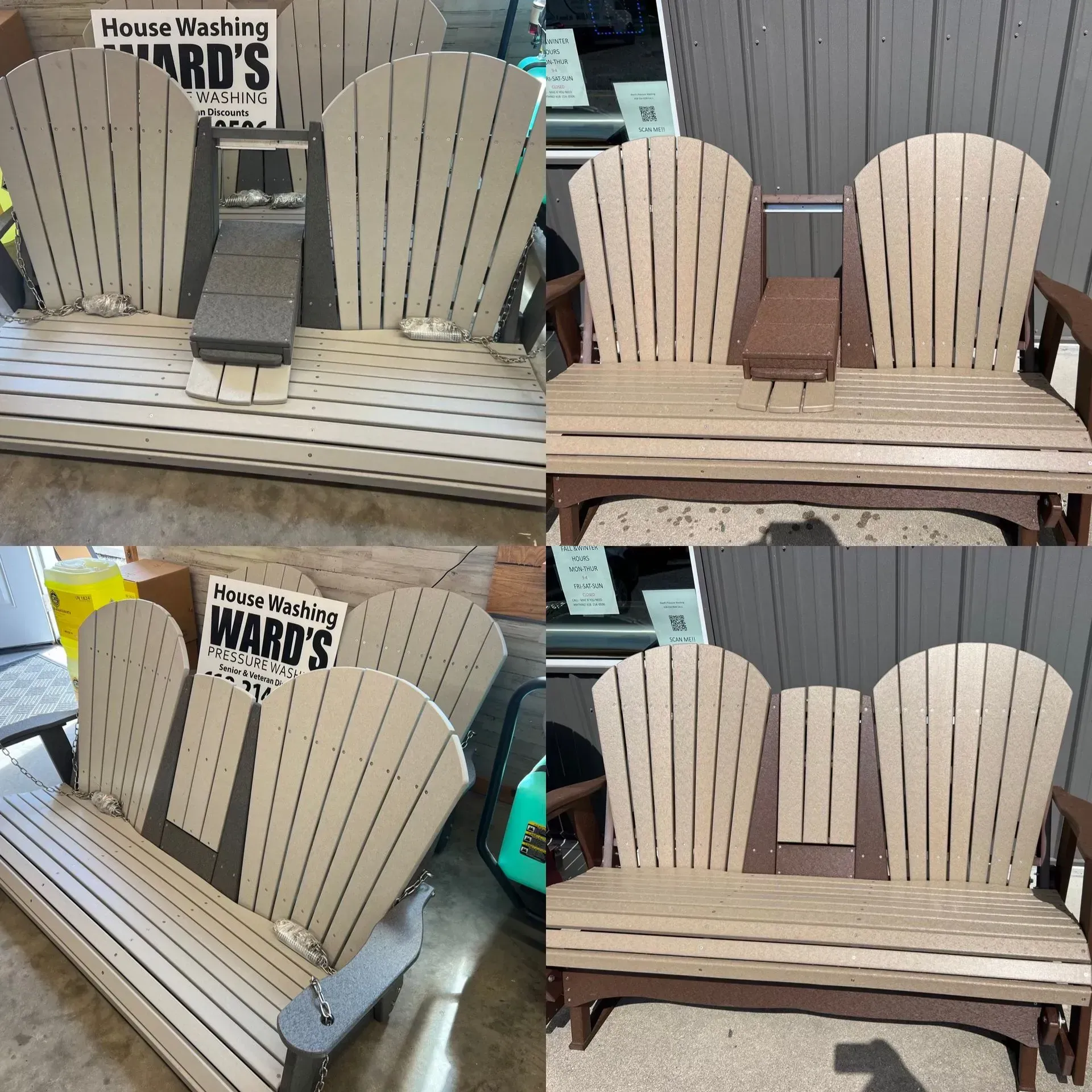 Four Adirondack-style benches; light brown or white, made of vertical slats, with armrests.