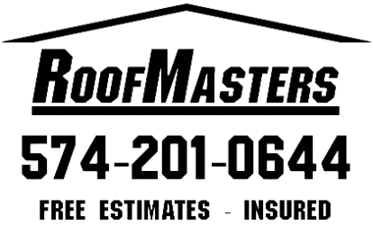 The logo for Roofmasters is black and white.