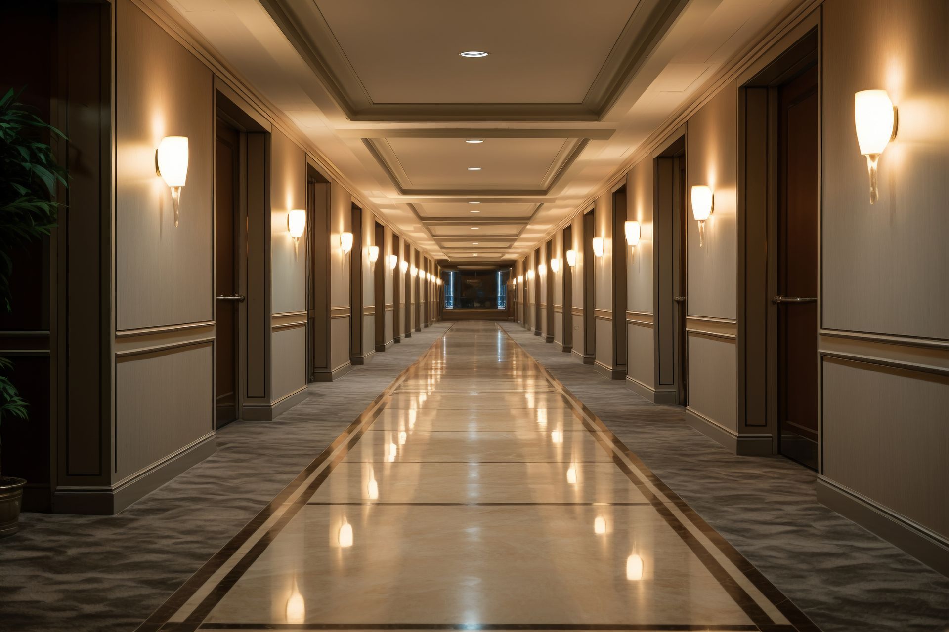 Hospitality Clean A long hallway in a hotel with lots of doors and lights.