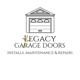 Logo for Legacy Garage Doors: a garage illustration above text and a phone number.
