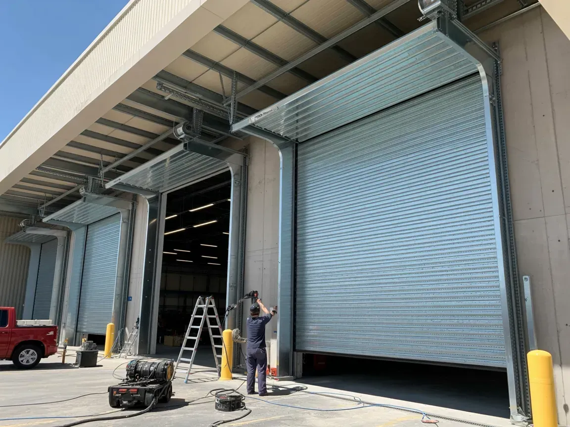 Loading dock doors of a building, partially open. A worker is near a ladder, repairing one. Red truck nearby.