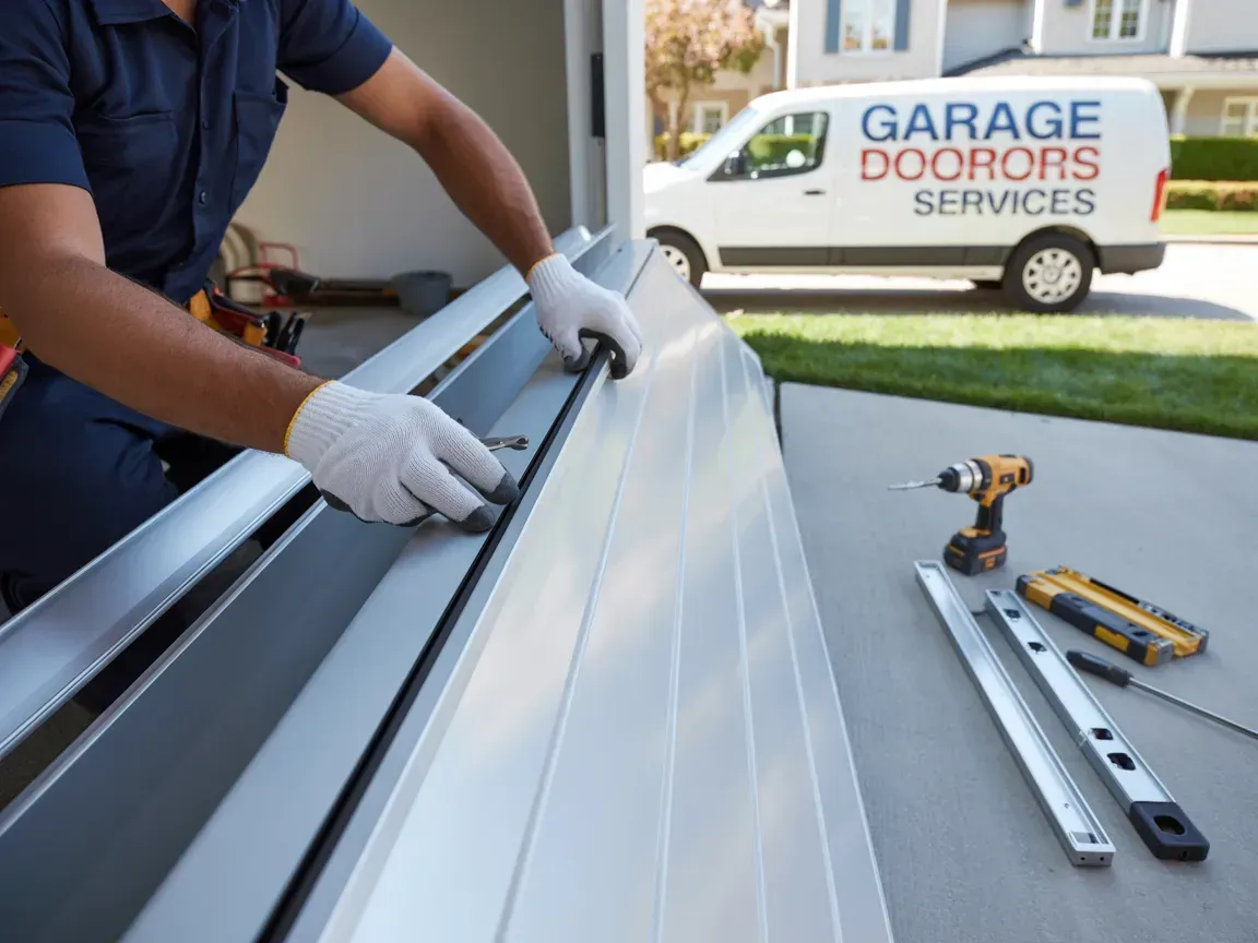 Garage door repairman installing a panel; service van in background.