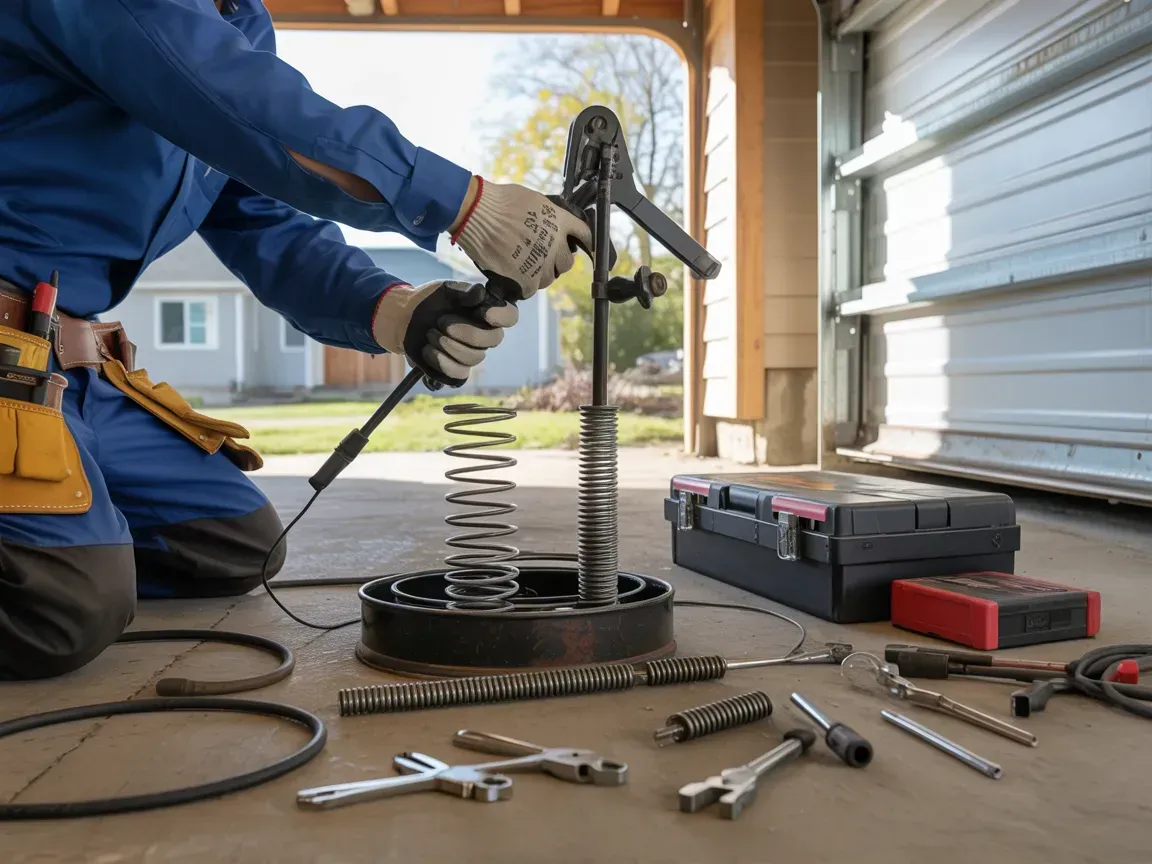 A mechanic in blue overalls uses a tool to work on a car part in a garage. Tools surround the part.