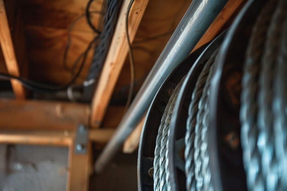 A close up of a spool of rope hanging from the ceiling of a home garage door.