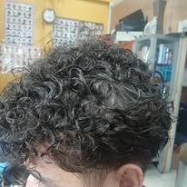 Close-up of a person's head with thick, dark, curly hair. The hair is densely packed and textured.