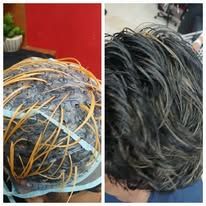 Two images: hair with highlighting treatment (left); hair after treatment with darker tones (right).