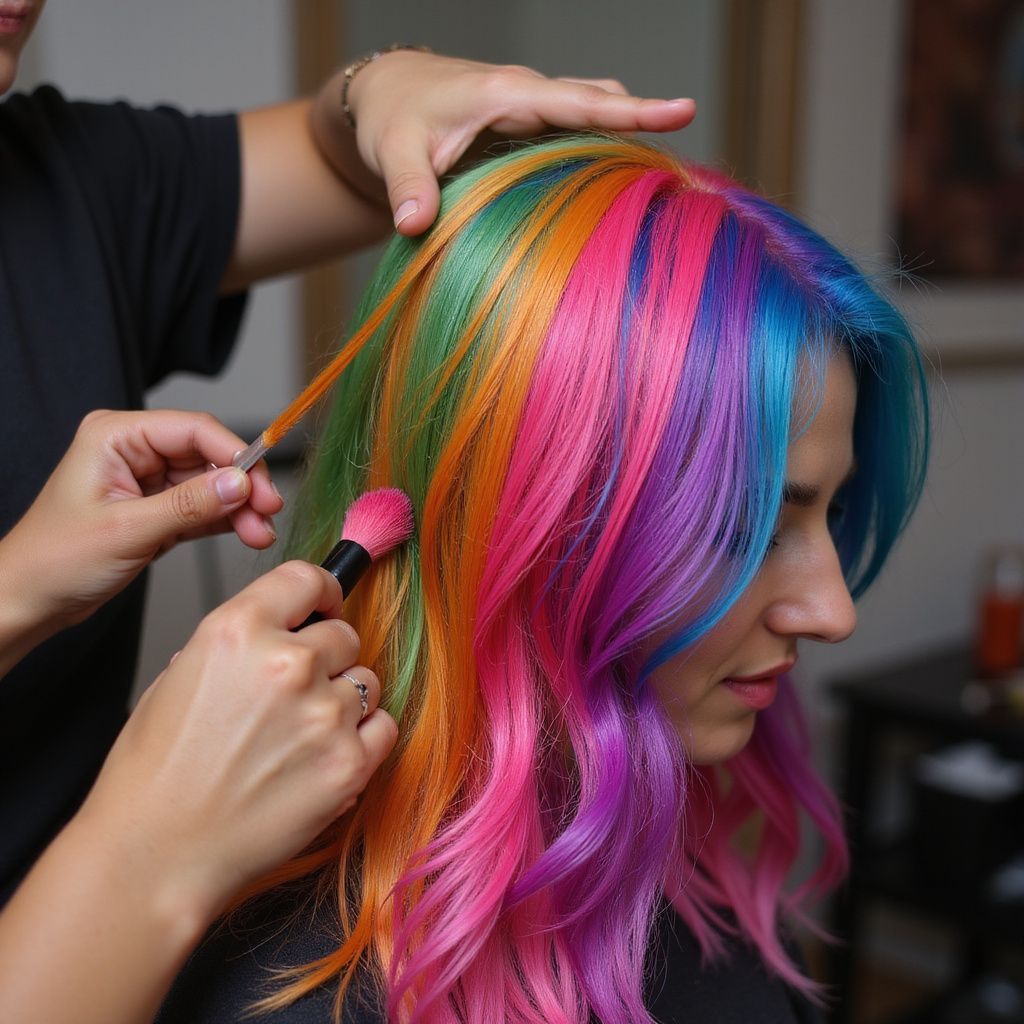 Woman with rainbow-colored hair getting styled in a salon, hand holding brush.