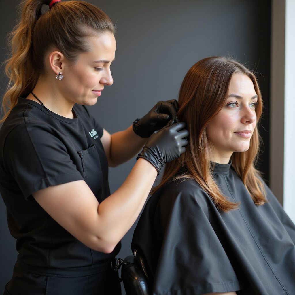 Hairdresser applying a treatment to a client's hair in a salon. Black outfits, gloves, and a dark wall.