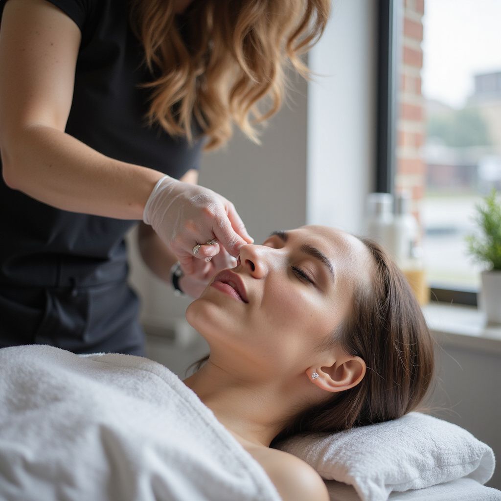 Woman receiving facial treatment; therapist touching nose, in spa setting.