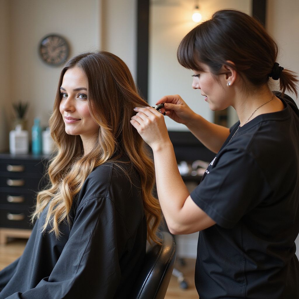 A stylist styling a woman's hair in a salon. The woman is smiling, the stylist is touching the hair.