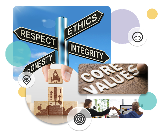 A collage of images with the words respect integrity honesty and core values