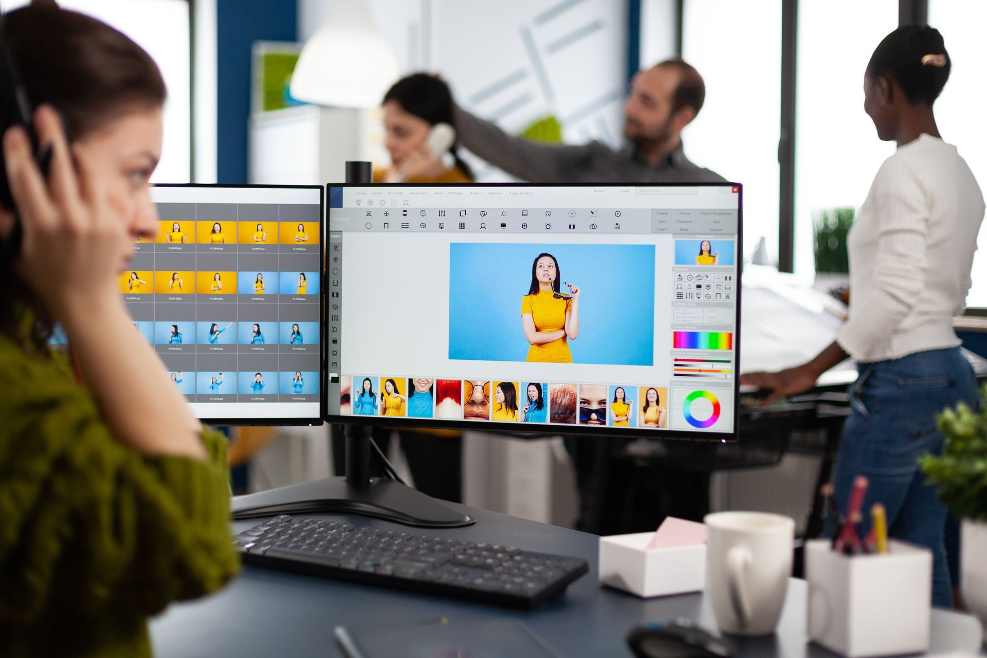 A woman is sitting at a desk in front of two computer monitors.