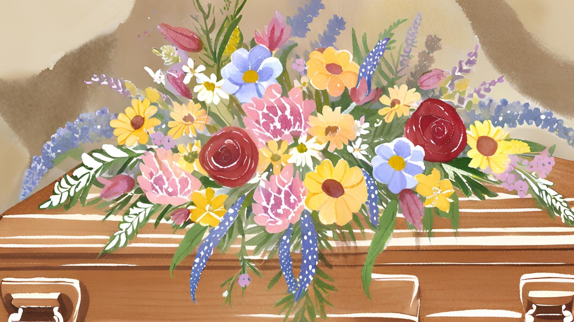 Wooden casket adorned with a colorful floral arrangement of red, yellow, pink, and blue flowers.