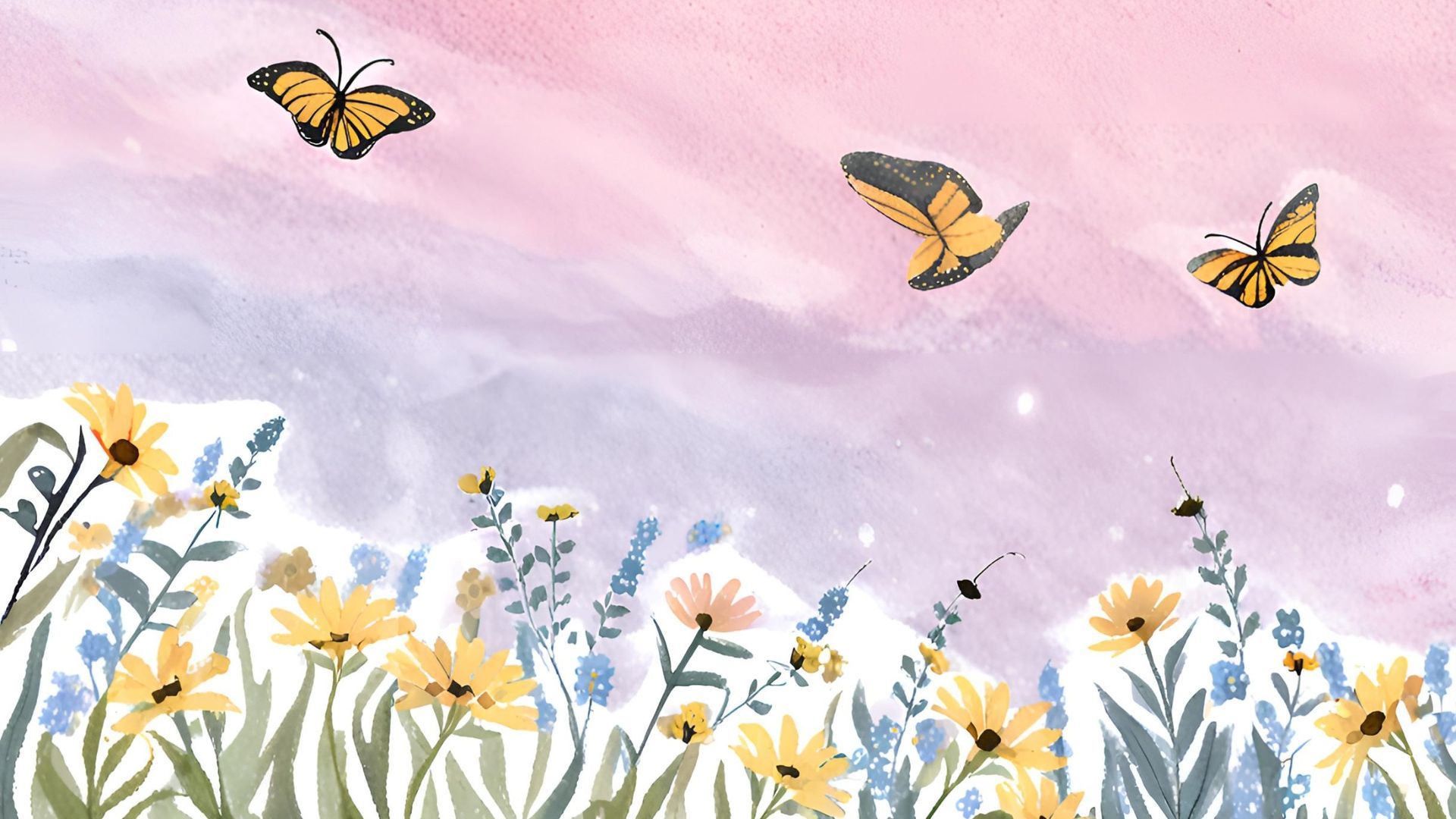 Butterflies flutter over a wildflower meadow against a watercolor sunset sky.