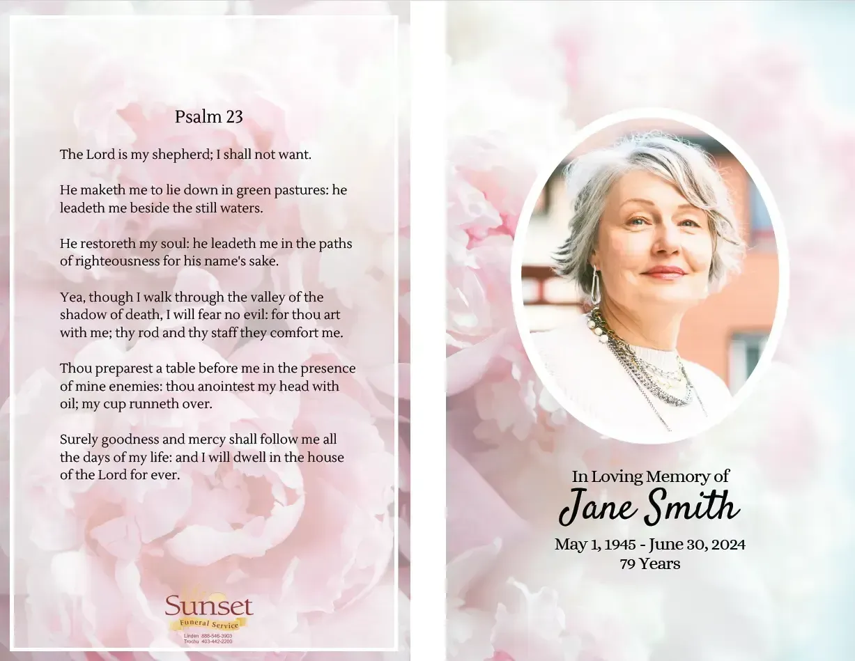 Memorial card with woman's photo and Psalm 23 on floral background. In loving memory of Jane Smith.