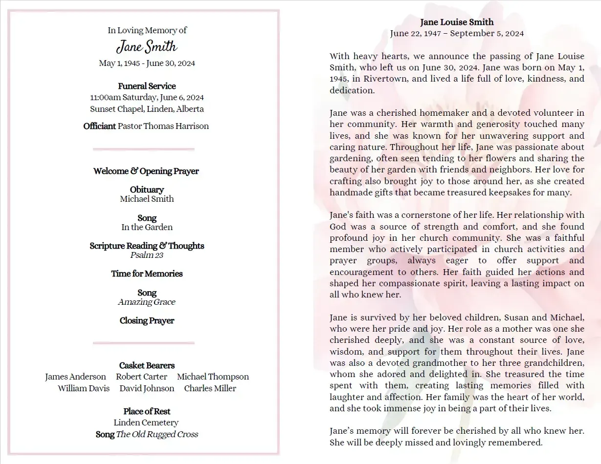 Funeral program: Left side lists order of service; right side has a eulogy with floral accents.