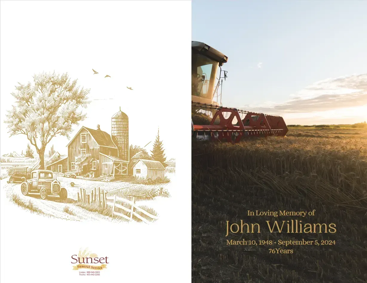Memorial card, barn scene with sunset and combine harvesting.