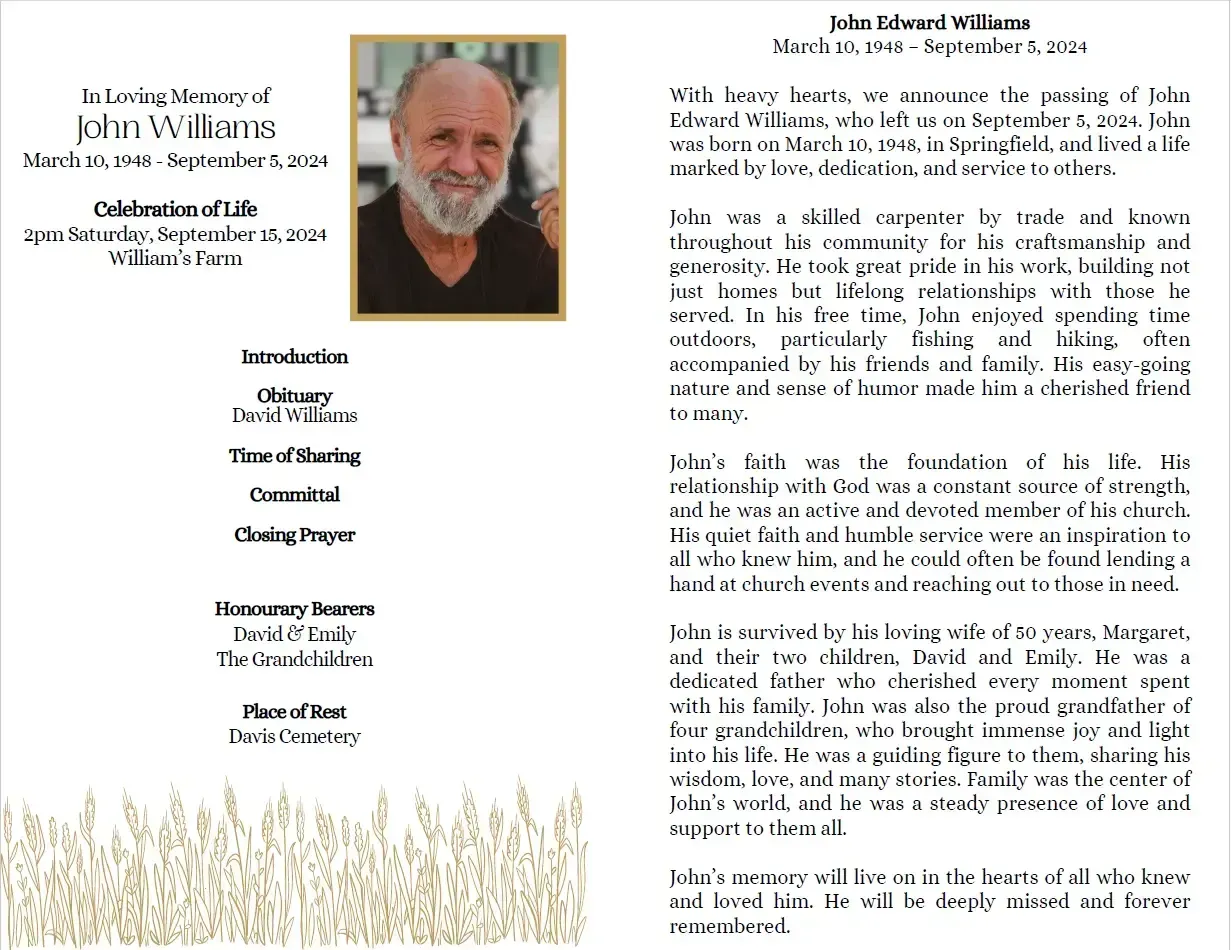 Obituary for John Edward Williams. A man's photo, service details, and text on a beige background.